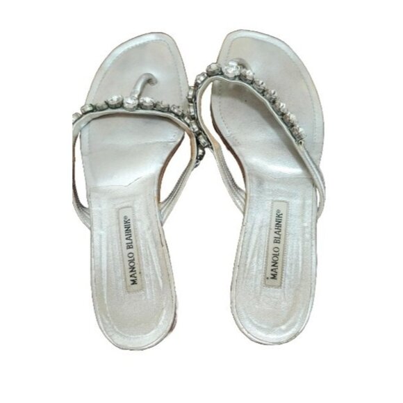 Manolo Blahnik Silver Crystal Thong Sandals Size 39.5 / 9.5 Designer Slide Shoes - Picture 8 of 14